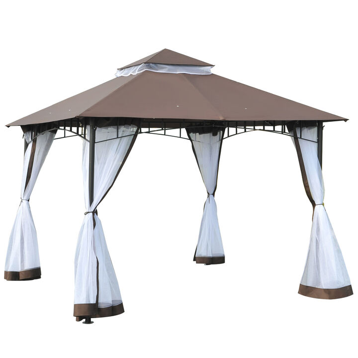 Outsunny 10' x 10' Outdoor Patio Gazebo Canopy Tent with Mesh Sidewalls, 2-Tier Canopy for Backyard, Coffee