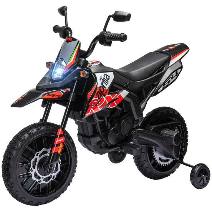 BreeBe 12V Aprilia Licenced Kids Motorcycle with Training Wheels, Spring Suspension, LED Light, USB, Music