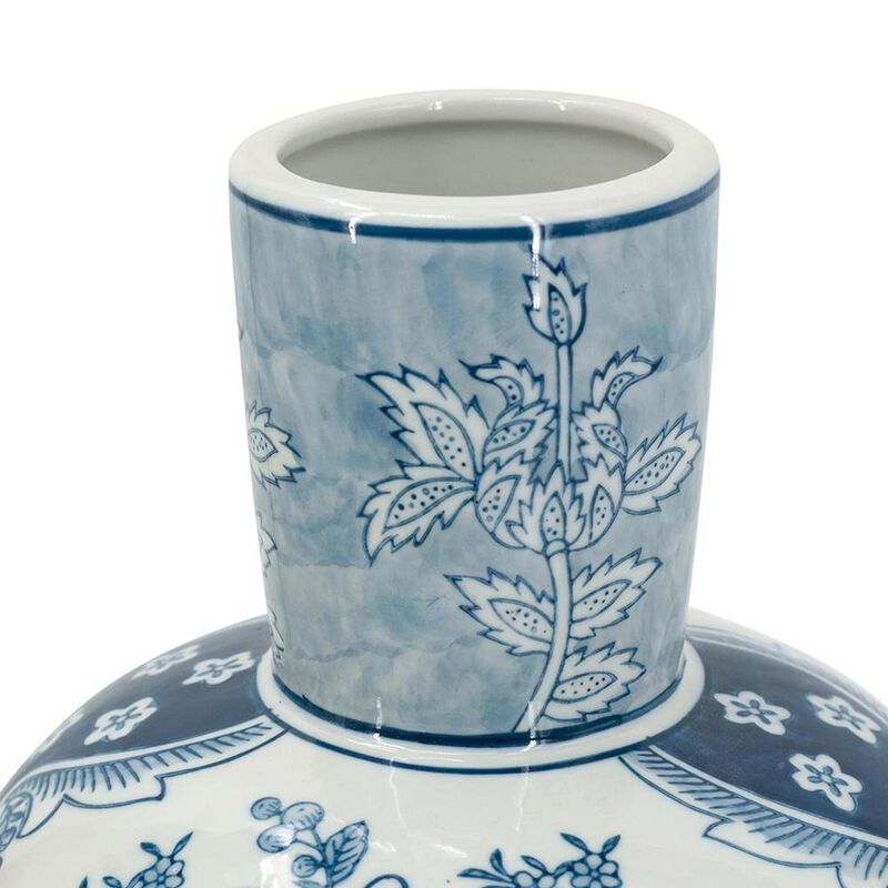 HomeRoots 17" Light Blue And White Floral Round Porcelain Table Vase image number 3