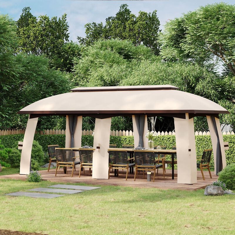 Outsunny 10' x 13' Patio Gazebo, Outdoor Gazebo Canopy Shelter with Netting, Vented Roof, Steel Frame for Garden, Lawn, Backyard, and Deck, Beige