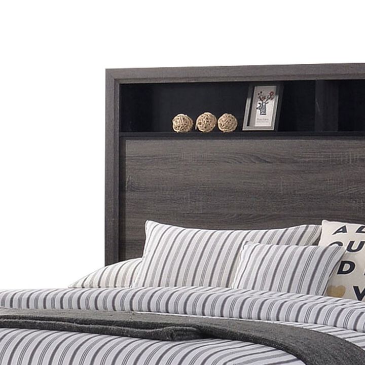 Transitional Wooden Queen Size Platform Bed with Bookcase Headboard, Gray-Benzara