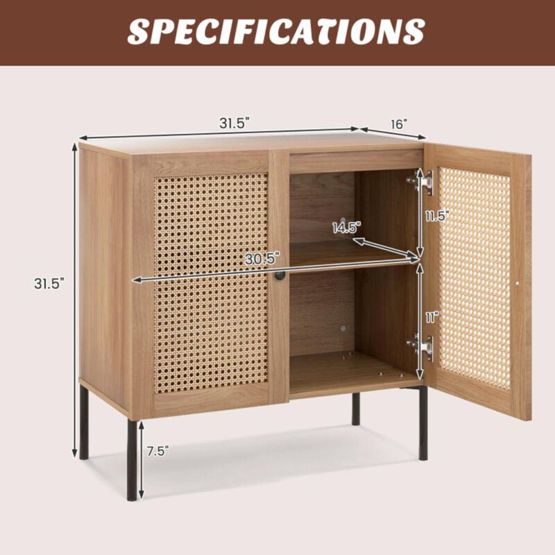 Hivvago Kitchen Sideboard with 2 Rattan Doors and Adjustable Shelf