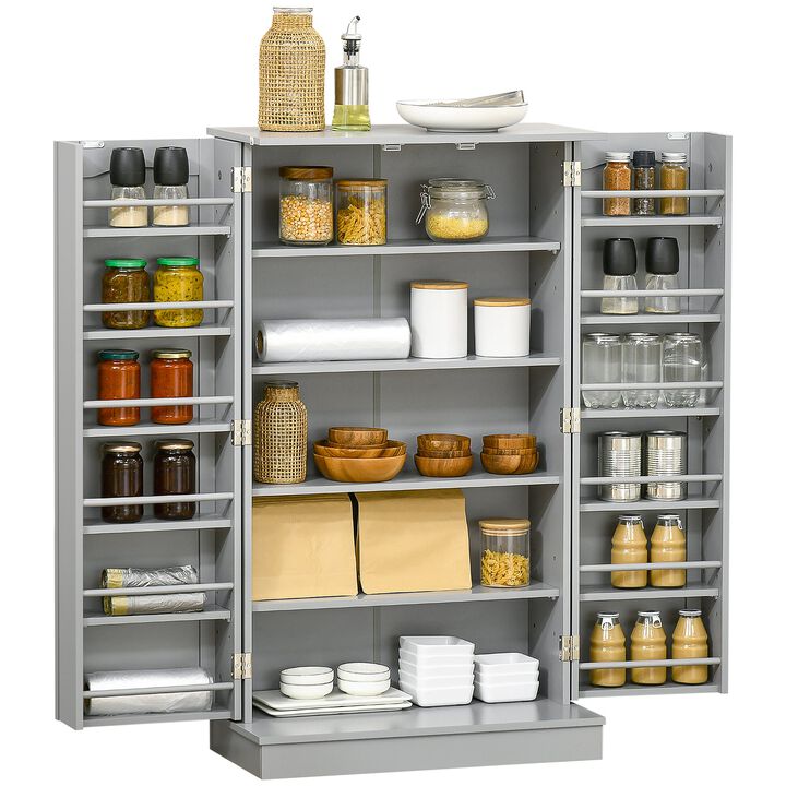 41" Kitchen Pantry Storage, Modern 2-Door Kitchen Storage Cabinet with 5-tier Shelving, 12 Spice Racks and Adjustable Shelves, Gray