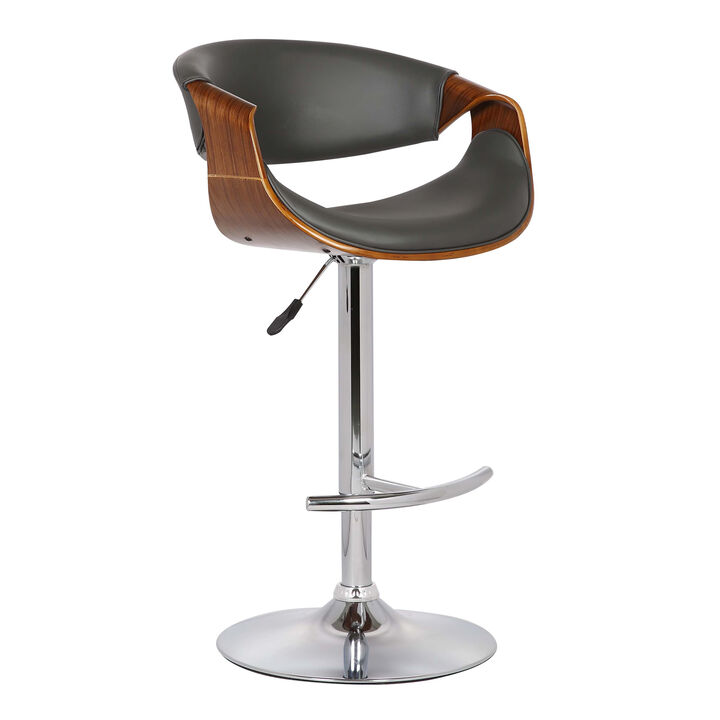 Butterfly Adjustable Height Swivel Grey Faux Leather and Walnut Wood Stool with Chrome Base