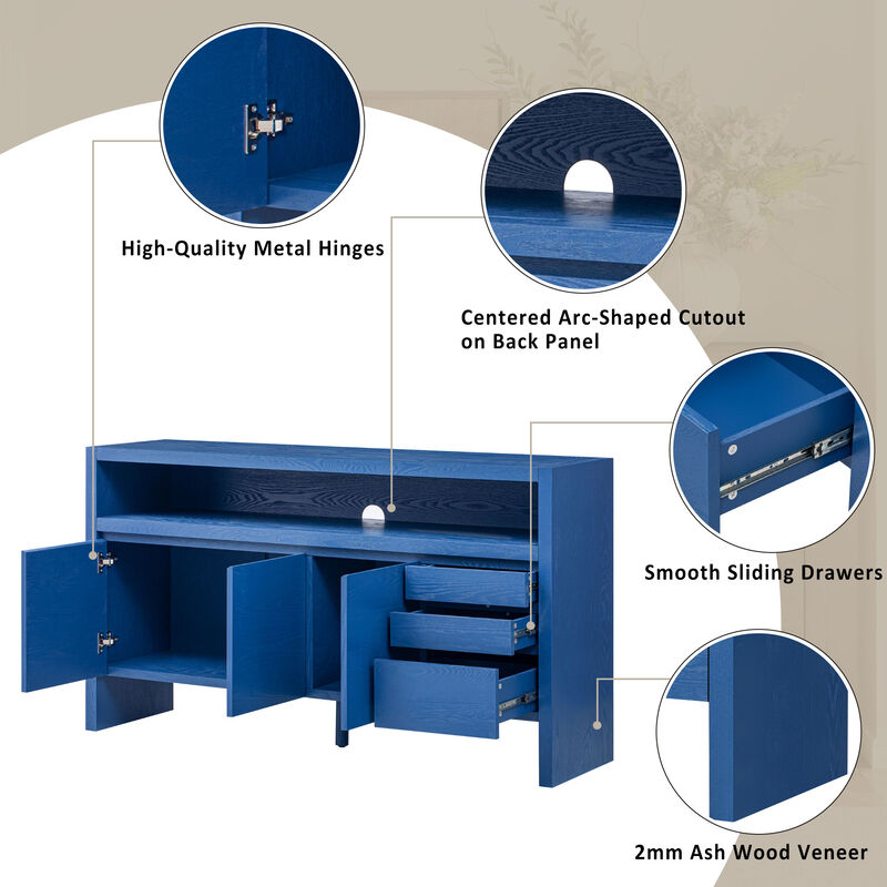 TATEUS 60" Modern Veneer 3-Door Sideboard with 3 Drawers & Semi-Open Shelf