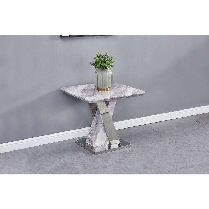 Best Quality Furniture White Faux Marble End Table w/Stainless Steel X-Base