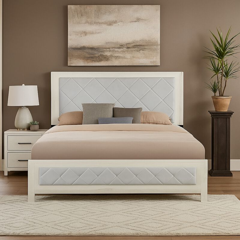 Joho King Size Bed, Luxury Beige Diamond Button Tufted Upholstery - Benzara