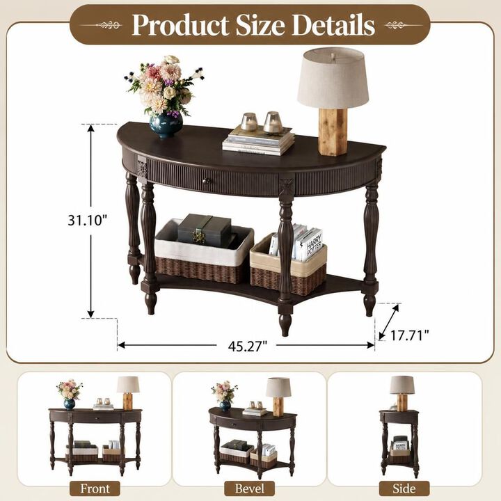 GOODSILO Solid Wood Half Moon Console Table with Drawer and Open Shelf, Fluted Vintage Curved Entryway Table for Narrow Hallway Living Room Foyer