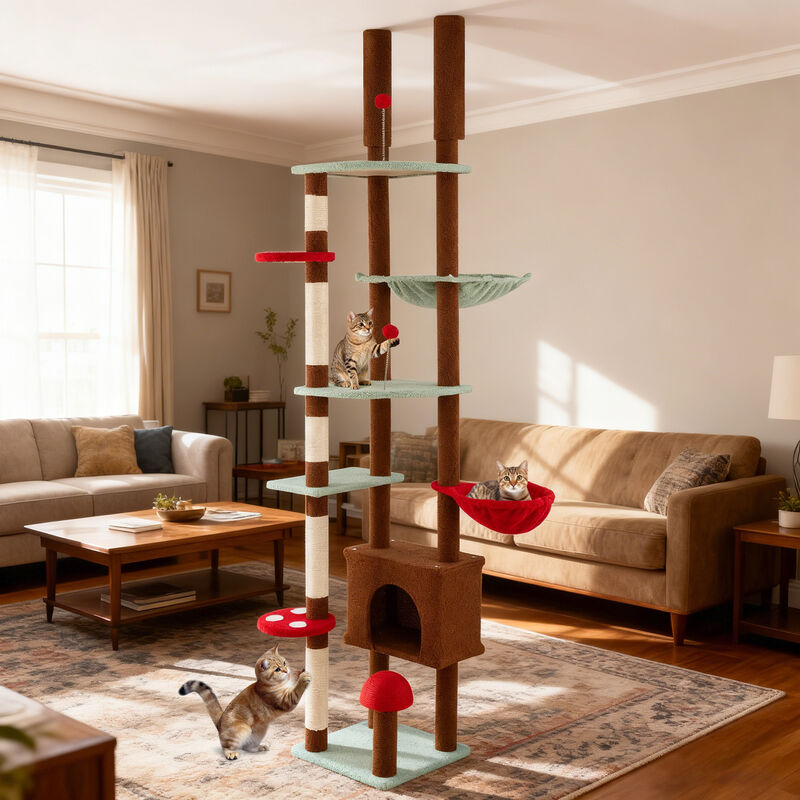 Mushroom Themed Floor to Ceiling Cat Tree with Adjustable Height, Condo, and Hammock-Brown image number 4