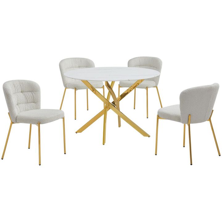 Best Quality Furniture Round White Marble Wrap Glass Ding Table With 4 Cream Side Chairs