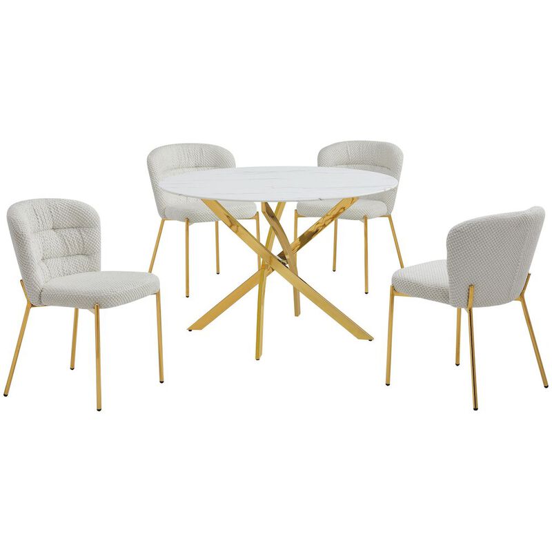 Best Quality Furniture Round White Marble Wrap Glass Ding Table With 4 Cream Side Chairs