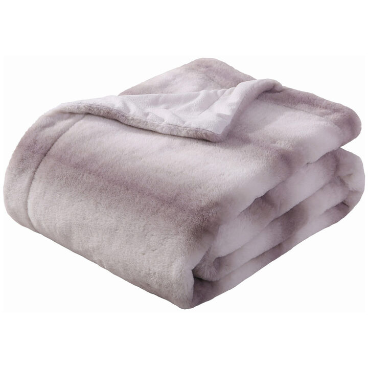 Printed Faux Rabbit Fur Throw, Lightweight Plush Cozy Soft Blanket, 50" x 60", Grey Strip (2 Pack Set of 2)