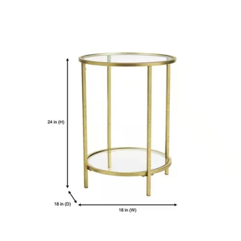 Round Accent Side Table Metal Glass Top Bottom Shelf End Table