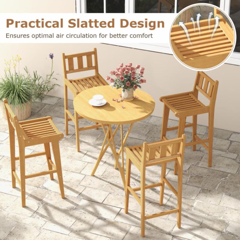 Hivvago 30 Inch Teak Wood Bar Chair with Footrest and Backrest for Deck Poolside Garden