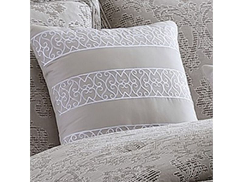 9 Piece Queen Cotton Comforter Set with Textured Floral Print, Gray - Benzara