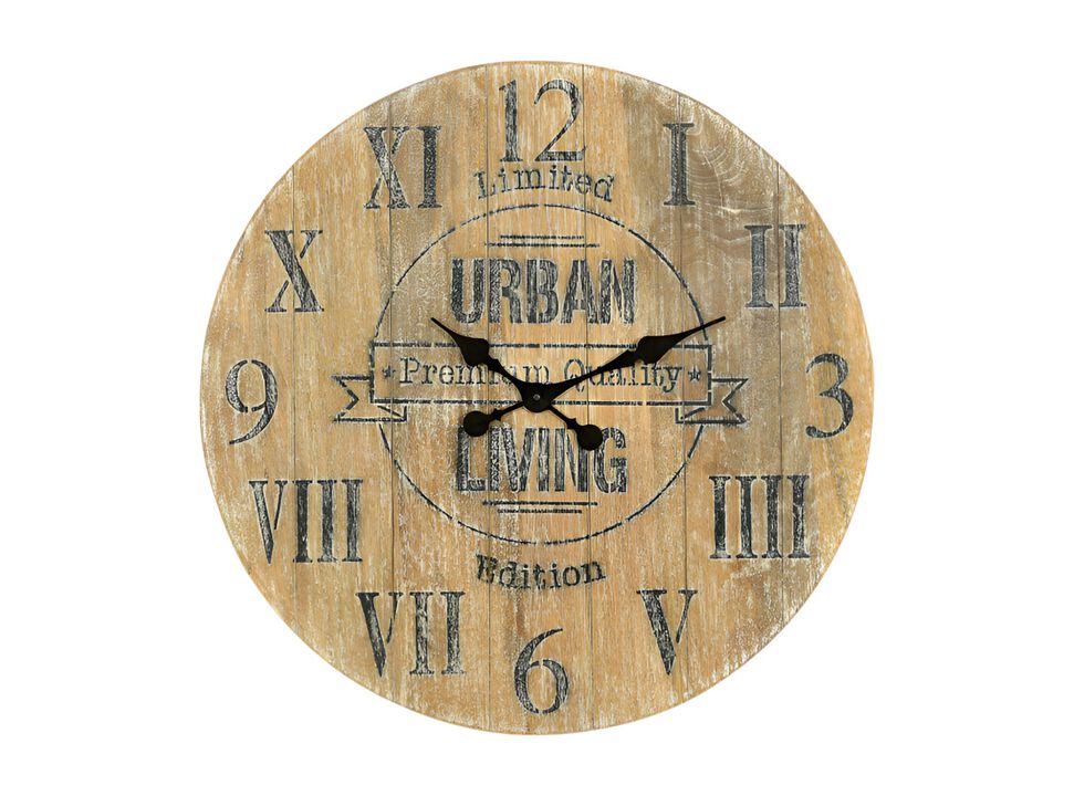 HomeRoots 24" Natural Distressed Solid Wood Silent Analog Round Wall Clock