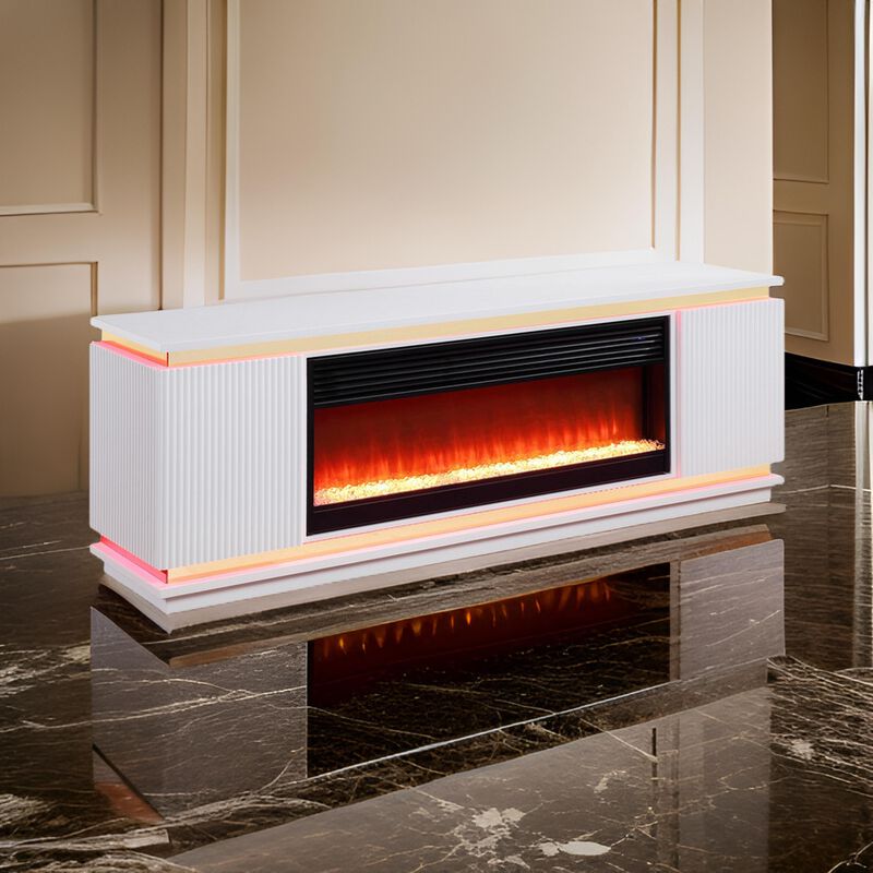 Stan 71 Inch TV Console with Fireplace, Speaker, LED, Cabinets, White Wood - Benzara