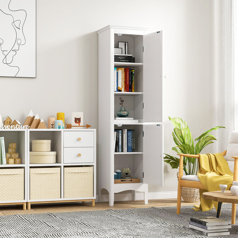 Costway Tall Bathroom Floor Cabinet Narrow Linen Tower with 2 Doors & Adjustable Shelf