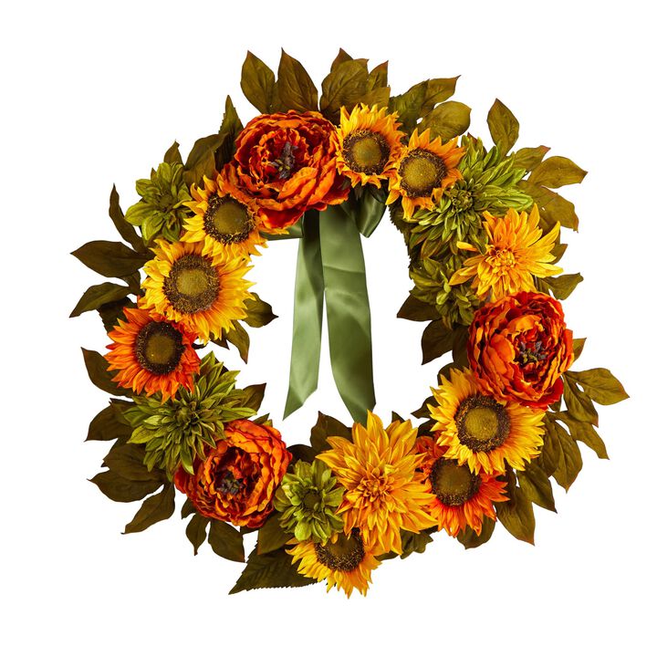 Nearly Natural 24-in Peony, Dahlia and Sunflower Artificial Wreath