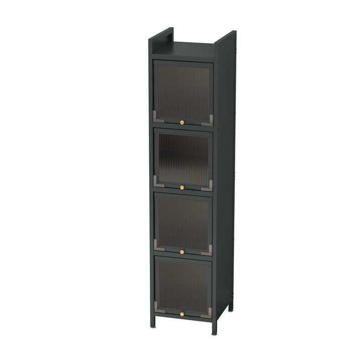 Modern Four-tier Glass Door Cabinet with Featuring Five-tier Storage, for Entryway Living Room Bathroom Dining Room,Matte Black