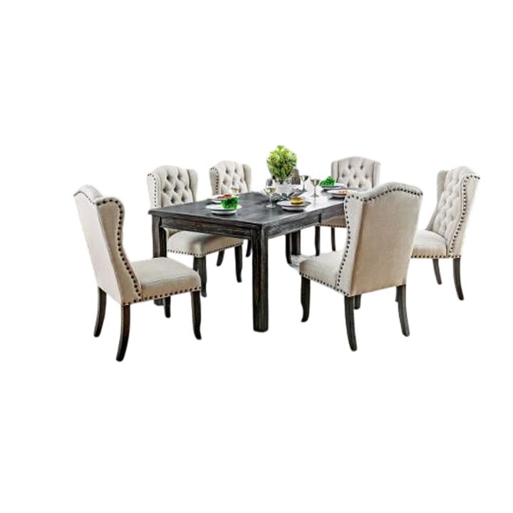 Bega 9pc Dining Table and Wingback Chair Set, Beige Linen, Black Wood - Benzara