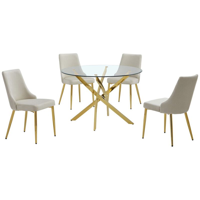 Best Quality Furniture 5Pc Round Tempered Glass Dining Table With 4 Cream Side Chairs