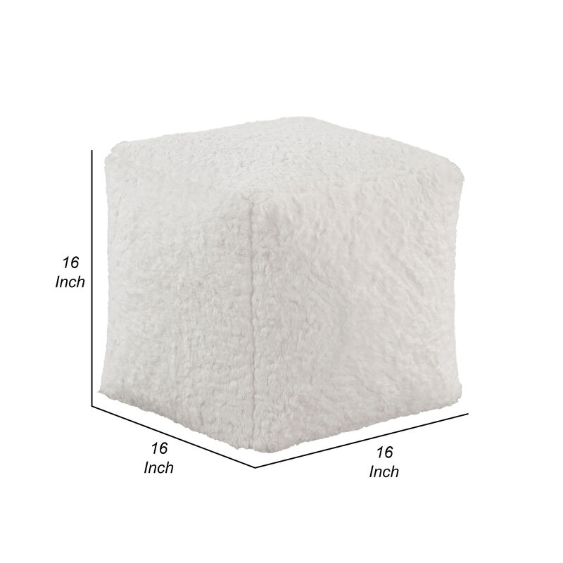 Modern Pouf Ottoman, Plush Off White Faux Fur Texture, 16 Inch Square