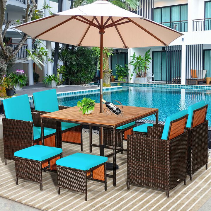 9 Piece Patio Rattan Dining Set with Cushioned Chairs for Outdoor Meals