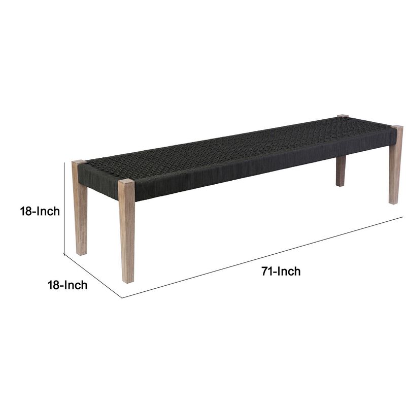 Nif 71 Inch Rectangular Dining Bench, Rope Woven Top, Tapered Legs, Black - Benzara