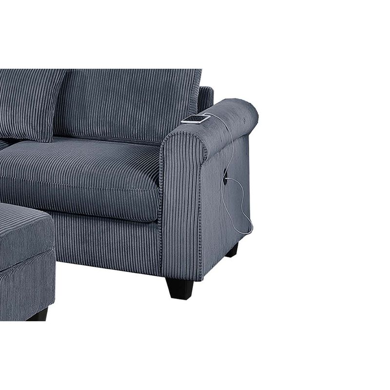 Roe 3pc Sectional Sofa Set with Chaise, Ottoman, 2 Pillows, Dark Gray - Benzara