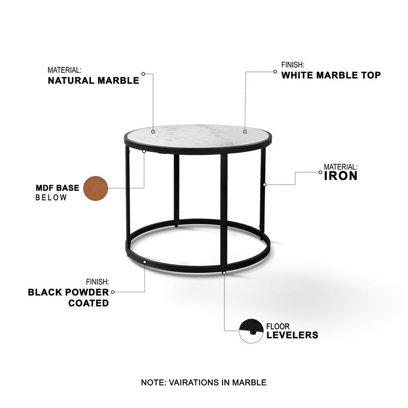 23 Inch Side End Table, Modern Round White Natural Marble Top, Classic Black Iron Frame