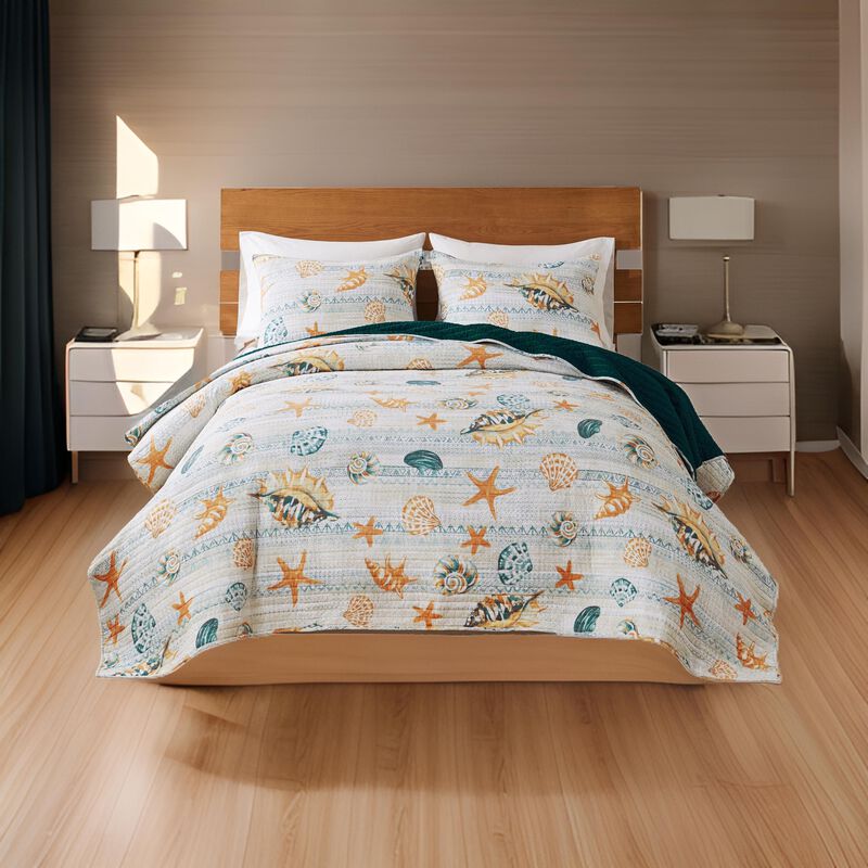 Carie 3pc Full/Queen Quilt Set, Coastal Seashells, Blue Cotton Microfiber - Benzara