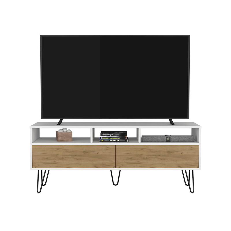 Salunga TV Stand, 2 Doors, 3 Shelves, 5 Legs, White/Natural Oak
