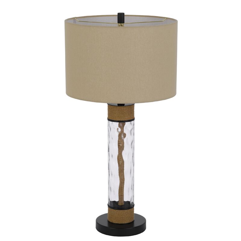 32 Inch Table Lamp, Rippled Glass Body with Rope, Burlap Shade, Metal Base image number 3