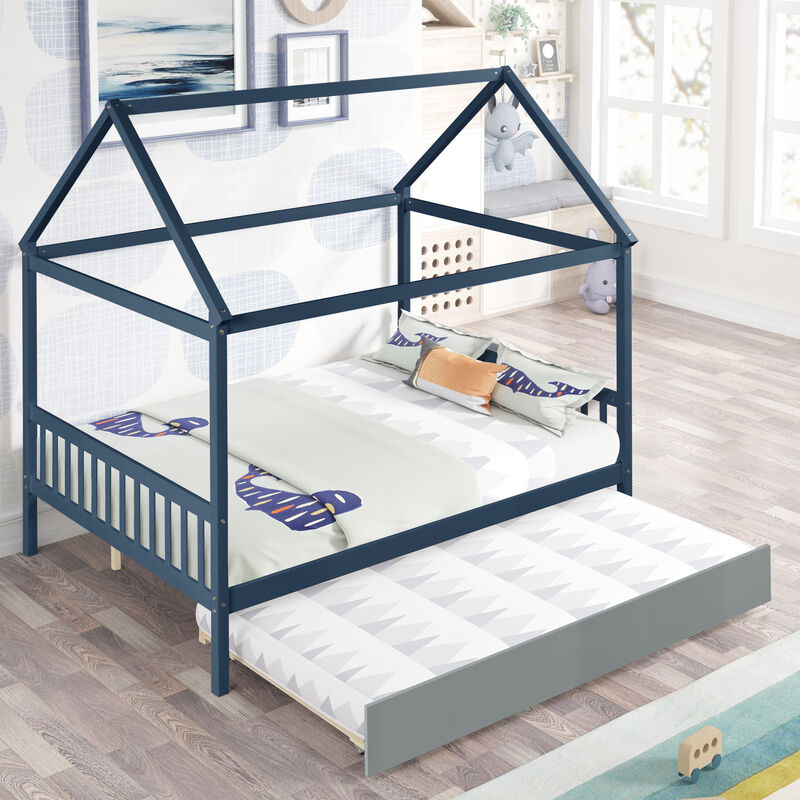 Whisen Solid Wood Twin House Bed Frame with Twin Size Trundle