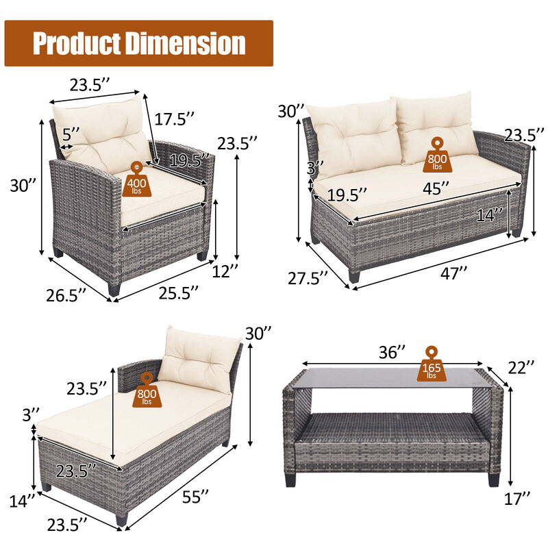 4 Pieces Patio Rattan Sofa Furniture Set with Cushion and 2-Tier Coffee Table