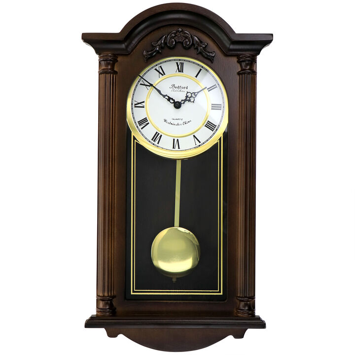 Bedford Clock Collection Noah 22 Inch Chestnut Wood Chiming Pendulum Wall Clock