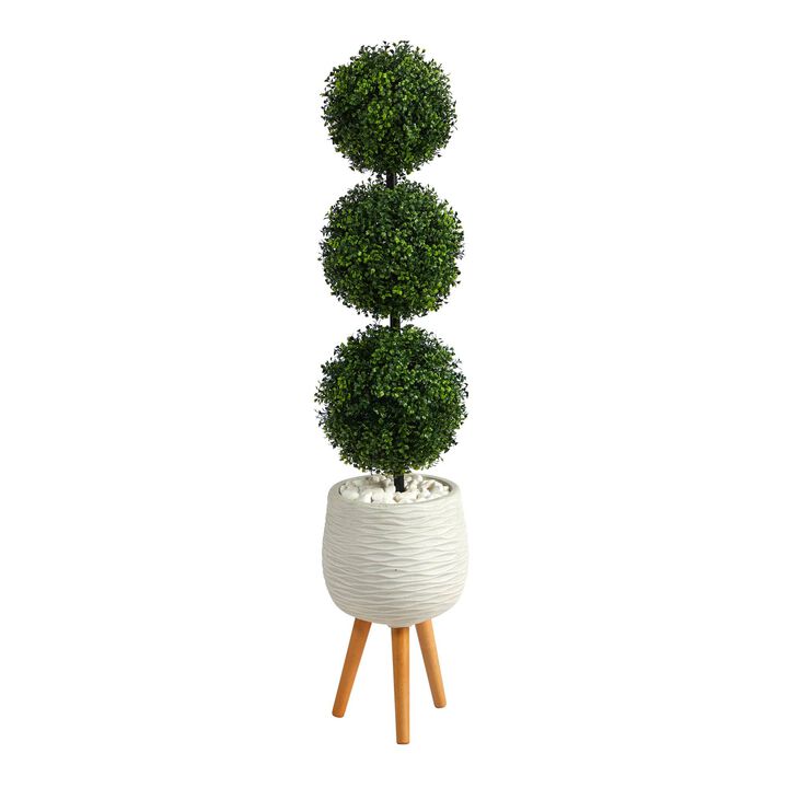 Nearly Natural 51-in Boxwood Triple Ball Topiary Tree in Planter with Stand