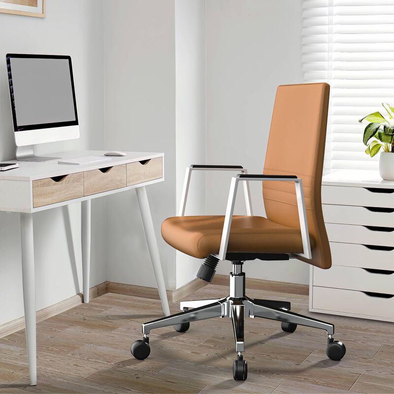 LeisureMod Aleen Mid-Century Modern Office Chair in Upholstered Leather and Iron Frame with Swivel and Tilt