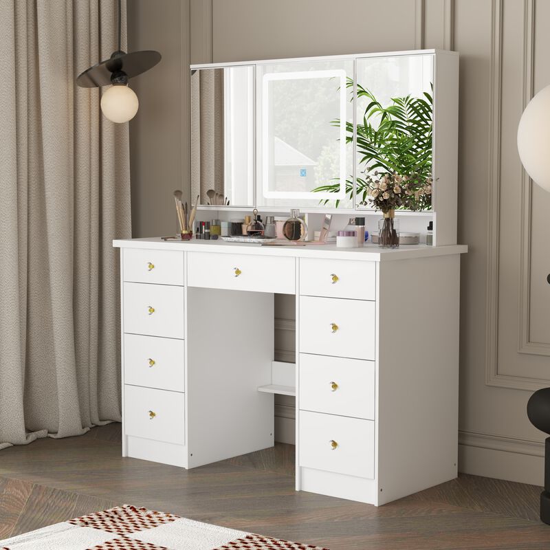 FUFU&GAGA Modern White Makeup Vanity Desk with 9 Drawers, LED Lighted 3 Mirrors, and Hidden Storage Shelves, (43.3 in. L x 19.7 in. W x 53.8 in. H), White