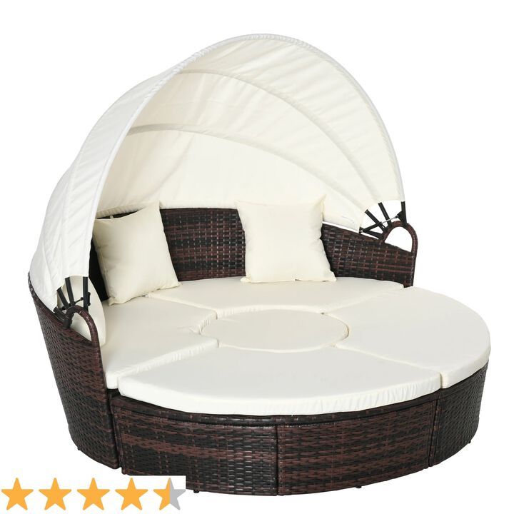 Rattan Patio Furniture Set 4-Piece Round Convertible Daybed Sunbed Adjustable Sun Canopy Sectional Sofa 2 Chairs Table 3 Pillows Cream White
