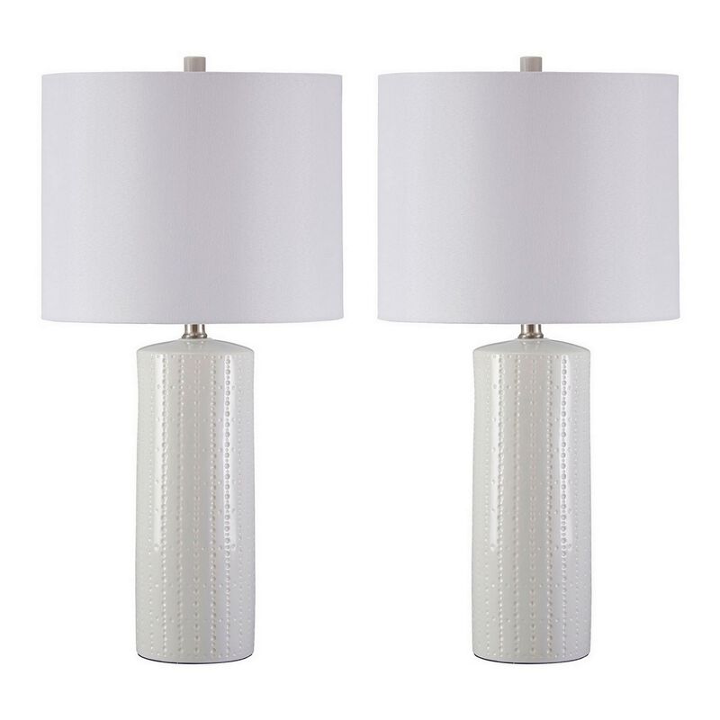 Carved Ceramic Base Table Lamp with Drum Shade, Set of 2, White-Benzara