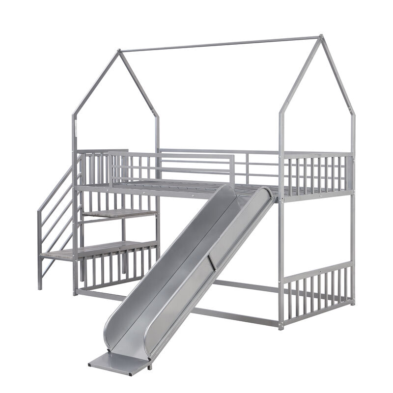 Whisen Twin Size House-shaped Metal Bunk Bed with Slide and Staircase - Black