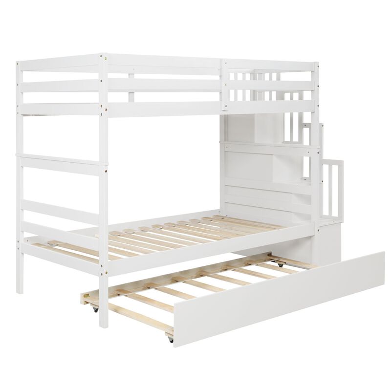 Whisen Twin over Twin Bunk Beds With Twin Trundle and Stairway Storage Function
