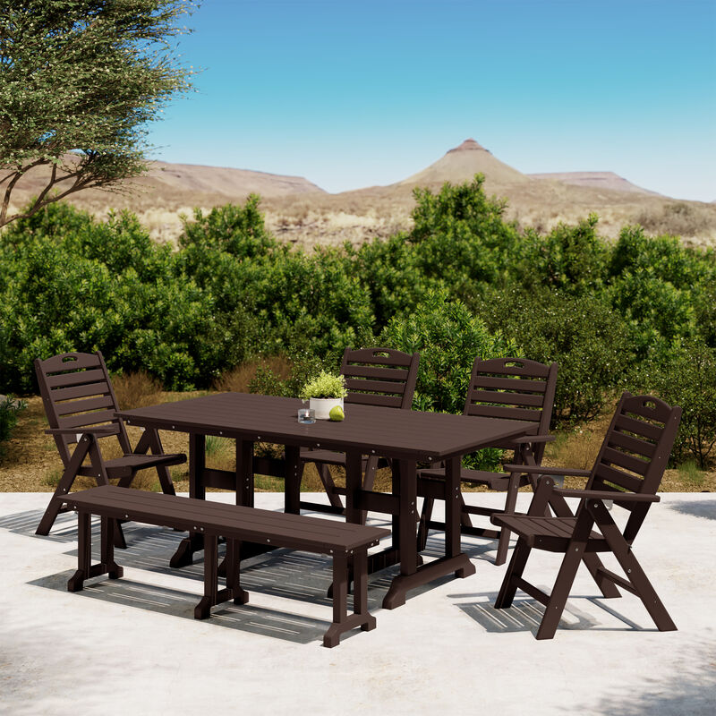WestinTrends 6-Piece HDPE Rectangular Patio Dining Table Set with Foldable Chairs and Patio Bench