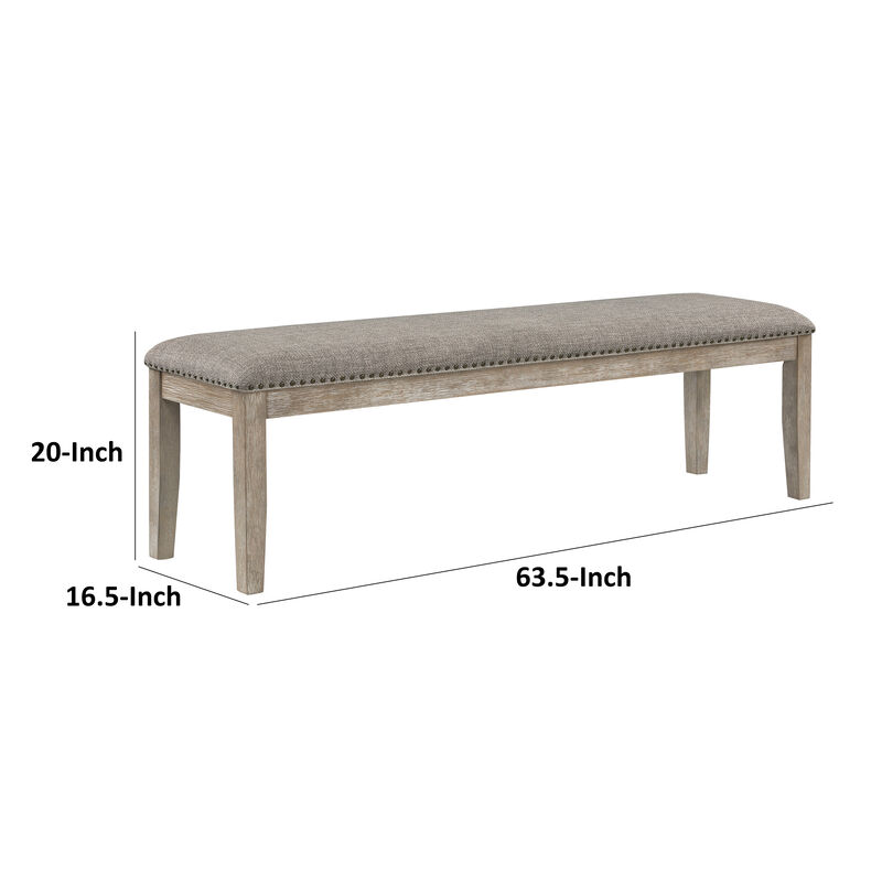 Ruth 64 Inch Bench, Nailhead Trim, Polyester Upholstery, Gray Solid Wood - Benzara