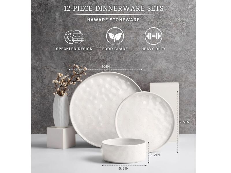 12-Piece Speckled White Dinnerware Set – Stoneware Plates & Bowls for 4