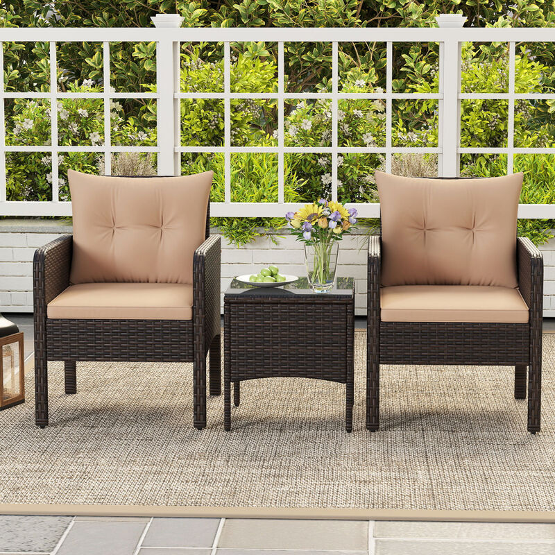 3-Piece Patio Wicker Furniture Set with Cushions for Balcony and Porch image number 4