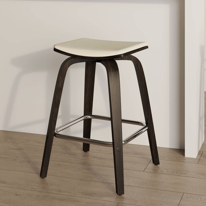LeisureMod Square Counter Stool Upholstered in Leather with Poplar Wood Frame and Chrome Iron Footrest 360-Degree Swivel for Modern Home, Kitchen, Bars Pelya Collection