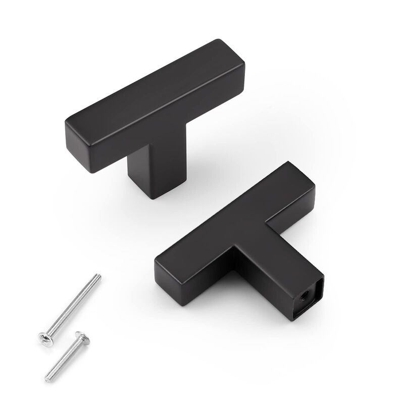 KNOBWELL 10 Pack Single Hole T Knobs Stainless Steel Kitchen Cabinet Knobs Matte Black Finish, 2 Inch Length Black Kitchen Drawe
